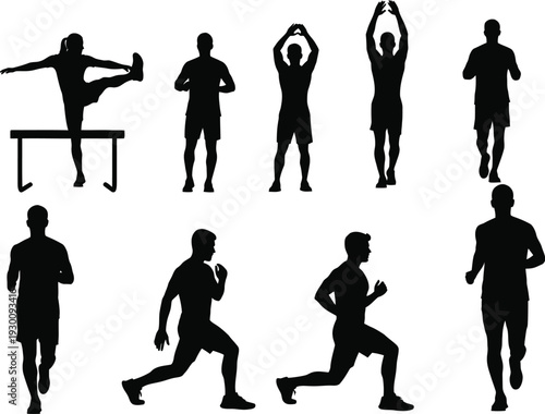 Silhouette of various people performing different exercises and stretches