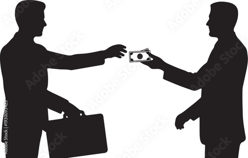 Two men exchanging money in silhouette silhouettes
