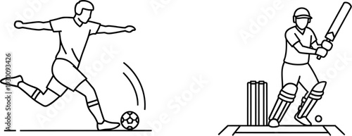 Simple line drawings of soccer player kicking ball and cricketer hitting ball with bat in action poses together