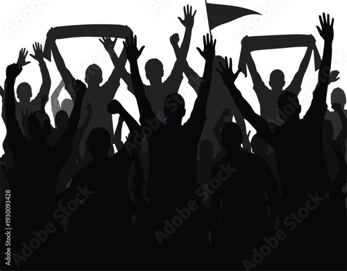 Silhouette of a crowd of people cheering and holding up banners
