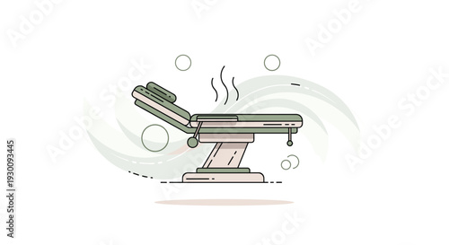 A modern light green and beige adjustable massage table with subtle steam is centrally illustrated against a white background with abstract circular and swirling patterns, Generative AI.