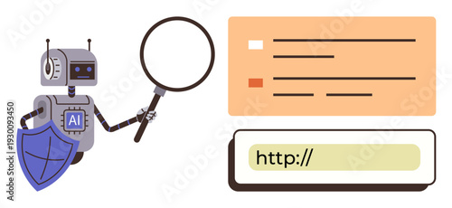 Cybersecurity, data protection, online verification, threat detection, technology, internet safety. Robot with magnifying glass, shield checking website. Cybersecurity and data protection visual