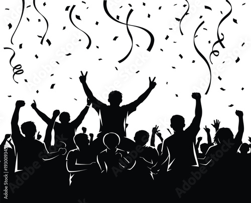 Silhouette of a joyful crowd celebrating with raised hands and confetti
