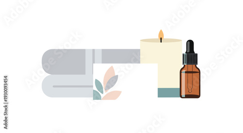 A collection of spa essentials including two rolled grey towels a lit white candle a brown dropper bottle and a small white card with pastel leaves is arranged horizontally, Generative AI.