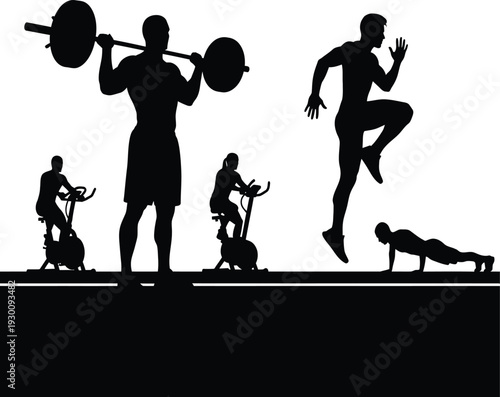 Fitness silhouettes engaging in various exercise routines with weights and bodyweight