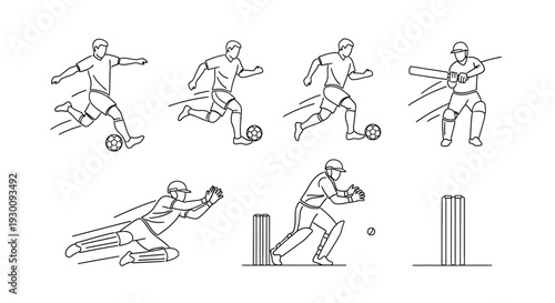 Collection of dynamic sports illustrations featuring soccer and cricket players in various action poses and movements.
