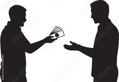 Two men exchanging money in silhouette silhouettes