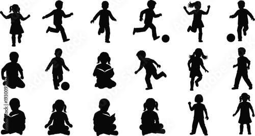 Set of black silhouettes featuring little children playing soccer running jumping reading books and sitting in various active and playful poses.