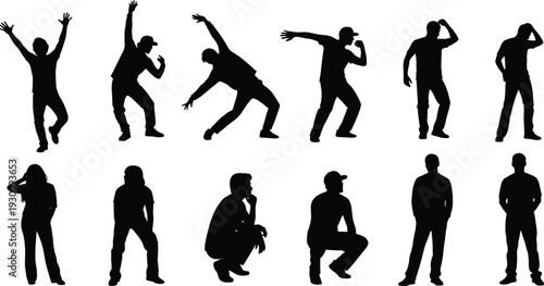 Set of black silhouettes featuring various people in active dancing poses, casual standing positions, and thoughtful sitting gestures for design.