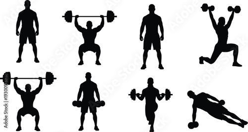 Set of gym silhouettes featuring male athlete performing overhead barbell squats lunges dumbbell presses bicep curls and core stability exercises