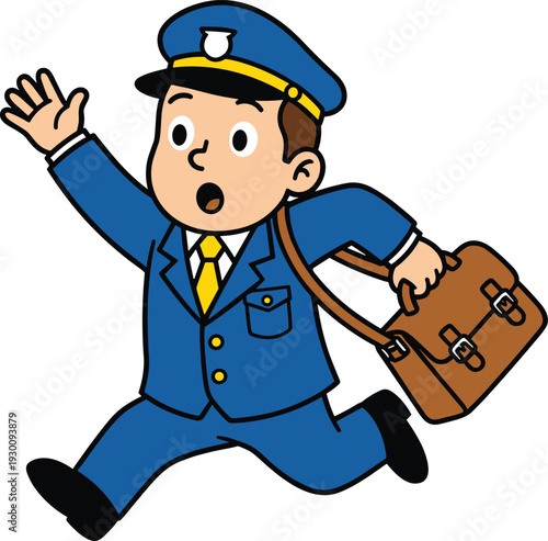 Cartoon postman running with mailbag and waving hand, cheerful mail carrier character illustration isolated on white background for delivery service concept