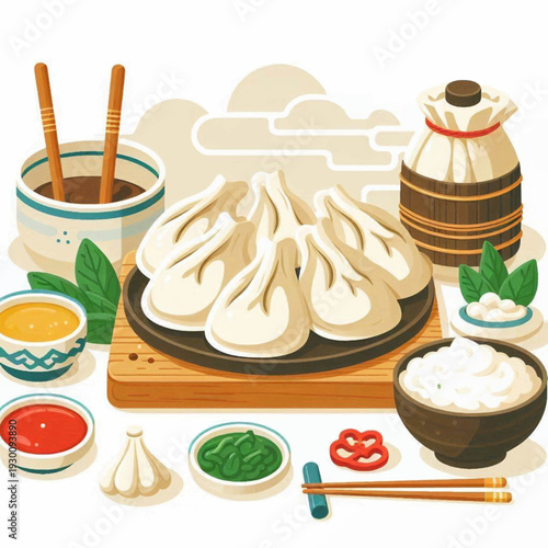 A plate of plump dumplings surrounded by sauces spices and chopsticks showcasing an assortment of Asian cuisine elements