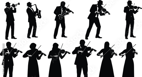 Silhouette Musicians Set with Jazz Trumpet Saxophone and Classical Violin Players in Suits for Concert Orchestral Performance and Elegant Music Events