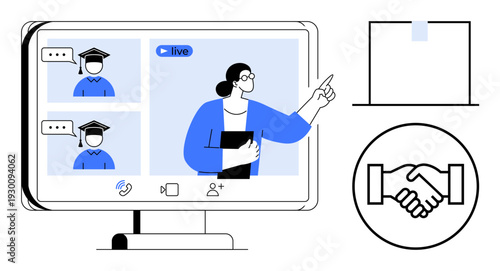 Online education with a teacher instructing students in a virtual video call environment. Online education fosters collaboration, remote skills training, and knowledge sharing. For e-learning
