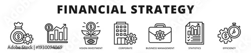 Premium banner presenting financial strategy planning with investment vision, profitability tracking, and efficiency driven corporate oversight outline icon style