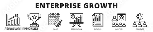 Premium banner presenting enterprise growth strategy supported by analytics insight, structured planning, and performance measurement frameworks outline icon style