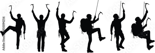 Black ice climber silhouette set with mountain climbing gear and axes for winter sports outdoor adventure and extreme alpine hiking