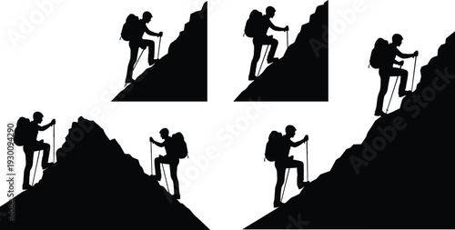 Black mountain hiker silhouette set with backpack and walking sticks for outdoor adventure trekking climbing and nature landscape vector design