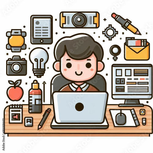 Cartoon artist at desk with laptop monitor and creative tools