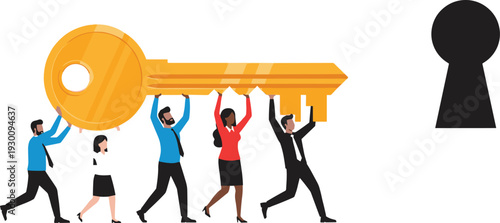 Team carrying golden key vector illustration symbolizing access, opportunity, success, and solution, business teamwork concept with keyhole security metaphor