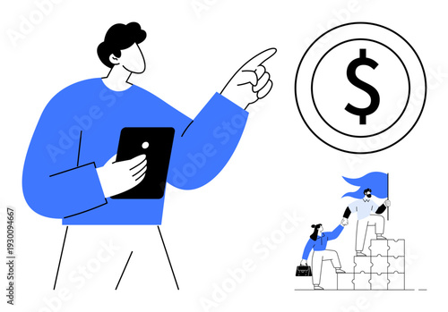 Finance, teamwork, leadership, strategy, business goals, economic success. A person pointing to a dollar icon, team climbing blocks with a flag. Finance and teamwork concept