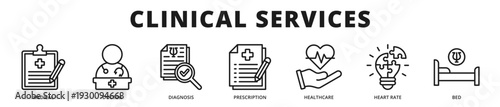 Executive banner highlighting structured clinical services covering diagnosis, prescription management, patient monitoring, and professional medical care delivery outline icon style