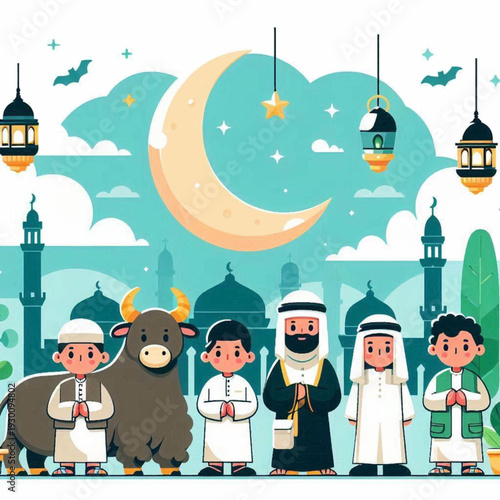 Cartoon Eid alAdha scene with people animal mosque lanterns moon