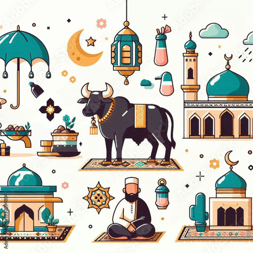 Cartoon Eid alAdha scene featuring mosque crescent prayer cow carpet umbrella lantern Islamthemed art
