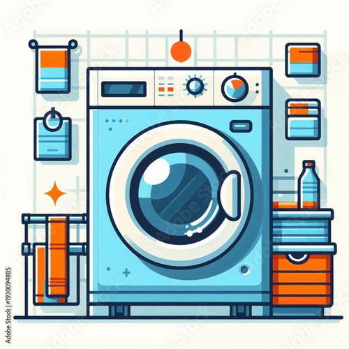 Cartoon illustration of a light blue washing machine in a minimalist bathroom setting