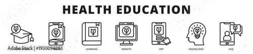 Professional banner emphasizing structured health education resources delivered through digital platforms, knowledge sharing, and accessible learning tools outline icon style