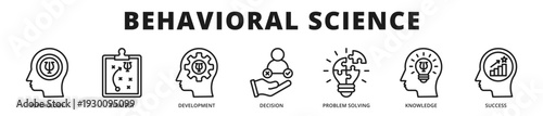 Professional banner exploring behavioral science concepts applied to decision making, cognitive development, and performance enhancement strategies outline icon style