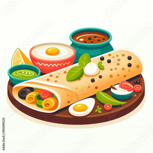 Cartoonish burrito plate with dips eggs and various toppings on a dark brown circular wooden board