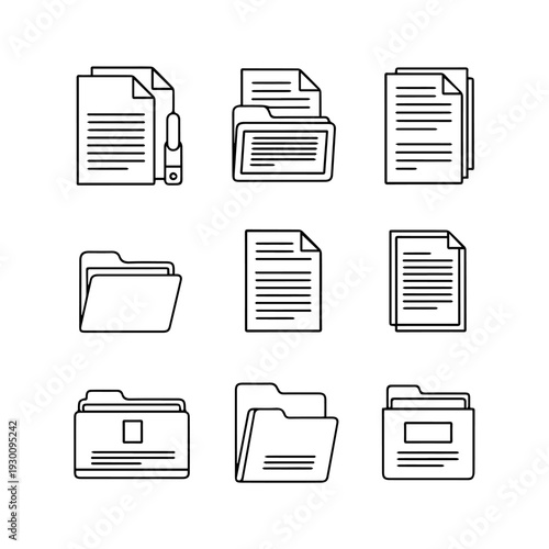 Collection of nine line drawings depicting various document and folder icons