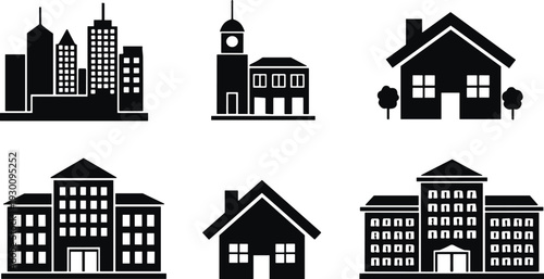 Building and House Silhouette Icon Set City Skyline Home and School Black Vector Illustration Collection