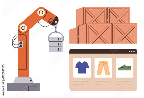 Automation, logistics, e-commerce, inventory management, online shopping, warehouse operations. Robotic arm, wooden crates and e-commerce webpage. Automation and logistics concepts