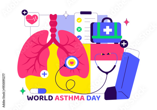 World Asthma Day Vector Illustration on May 2 Featuring Inhaler, Medical Equipment, and Lung Health Prevention in Healthcare Flat Cartoon Background