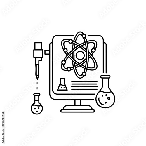 Depicts a sciencethemed graphic with beakers an atom and a computer screen