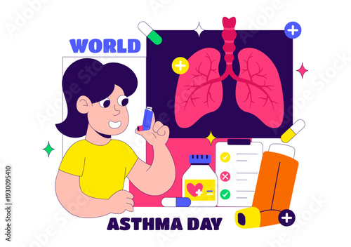 World Asthma Day Vector Illustration on May 2 Featuring Inhaler, Medical Equipment, and Lung Health Prevention in Healthcare Flat Cartoon Background