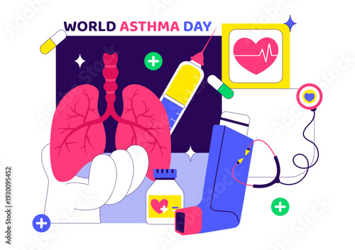 World Asthma Day Vector Illustration on May 2 Featuring Inhaler, Medical Equipment, and Lung Health Prevention in Healthcare Flat Cartoon Background