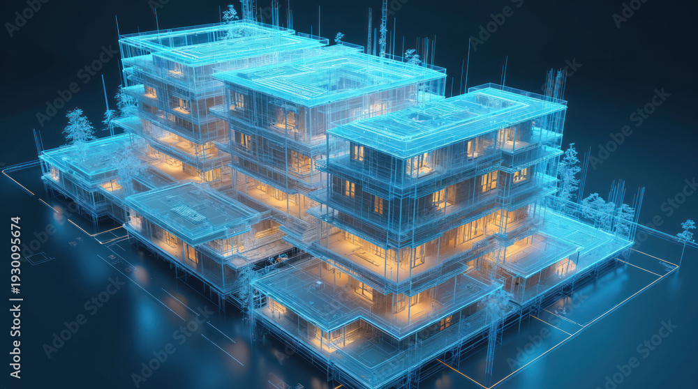 custom made wallpaper toronto digitalDigital 3D model of building complex. Futuristic architecture blueprint shows construction plan. Smart city design with digital visualization technology for urban planning.