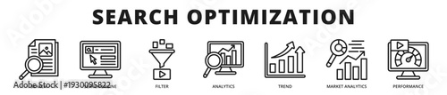Professional banner highlighting search optimization strategy supported by analytics, performance monitoring, and market trend evaluation outline icon style