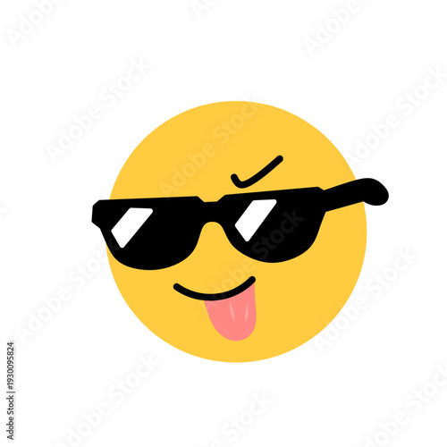 Cool yellow emoji wearing black sunglasses and sticking out tongue, isolated on white background