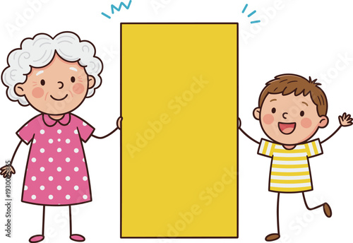 Grandmother and grandson holding blank banner board, family message template cartoon illustration isolated on white background for advertisement design