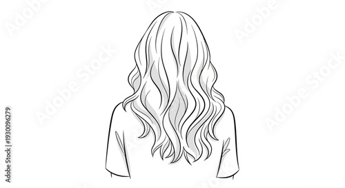 Back view of woman with long wavy hair line drawing
