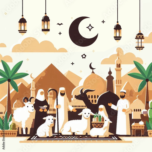Eid alAdha illustration features sheep people in traditional clothing lanterns  mosque silhouettes against a desert backdrop