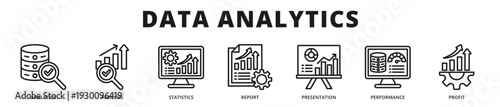 Professional banner highlighting advanced data analytics processes with reporting dashboards, performance tracking, and profitability measurement outline icon style