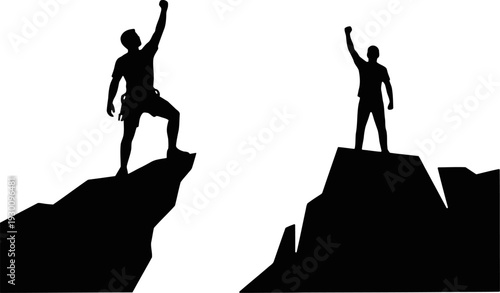 Empowering silhouettes of two people standing victorious on mountain peaks, evoking feelings of triumph and achievement