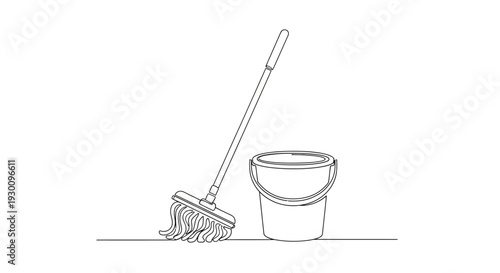 Continuous line drawing of mop and bucket cleaning tools