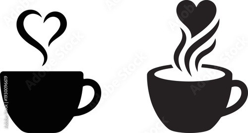 Steaming coffee cups with heart shaped steam