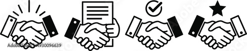 Business handshake vector icon set representing agreement, contract approval, partnership success, and trust symbols in simple monochrome outline style